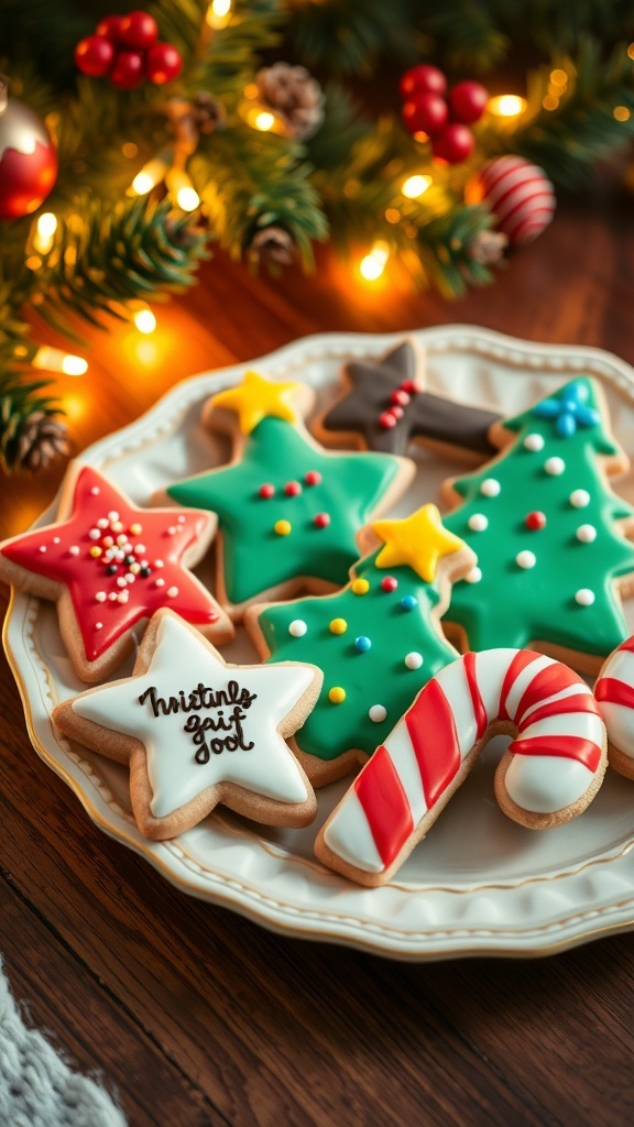 Christmas Cookie Doodles Recipe A plate of decorated Christmas cookies in festive shapes with colorful icing and sprinkles, set in a holiday-themed background.